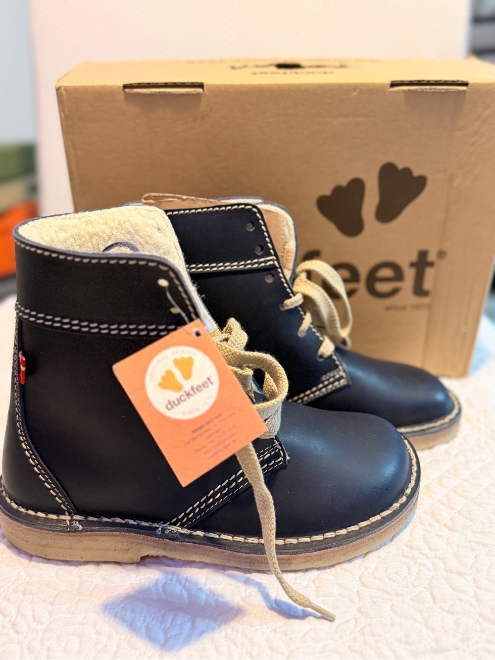 Duckfeet Blue Leather Combat Boots with Tan Laces